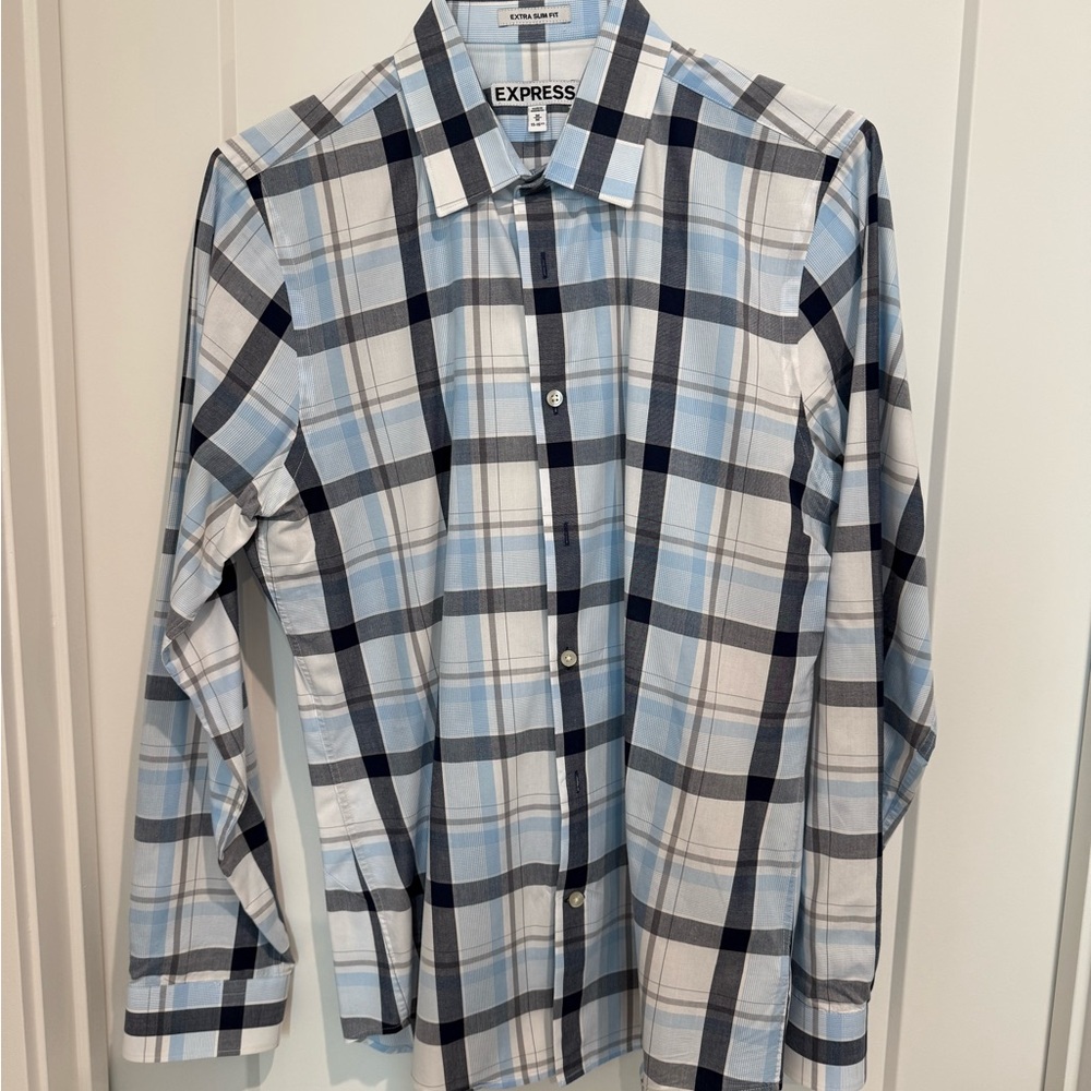 Express Men's Light Blue and White Plaid Shirt